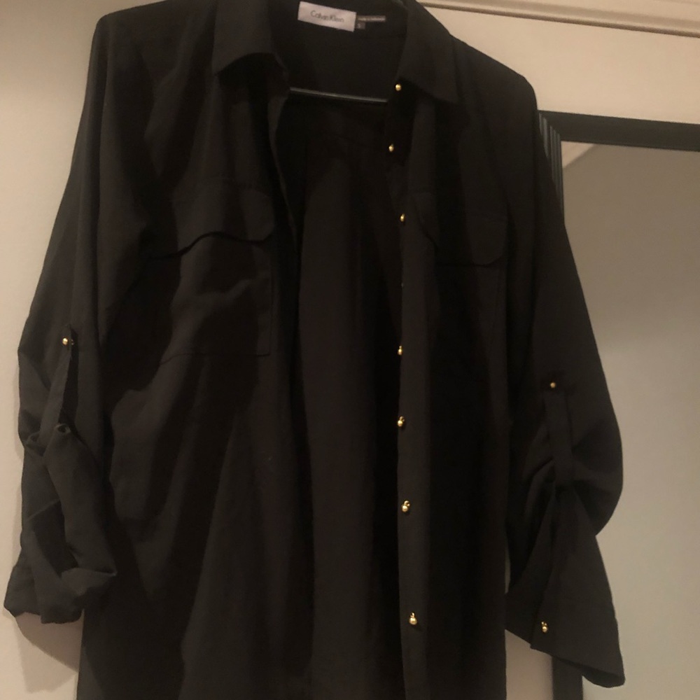 Calvin Klein Sheer Black Button Up Top Size Small